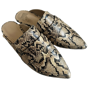 En Thread Snakeskin Pointed Toe Darla Mules Taupe Black Slip On Loafers Flat